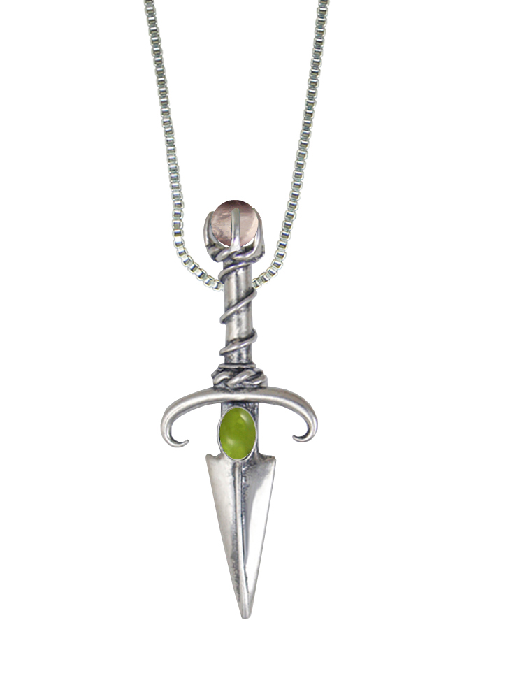 Sterling Silver Black Prince's Knife Dagger Pendant With Peridot And Rose Quartz